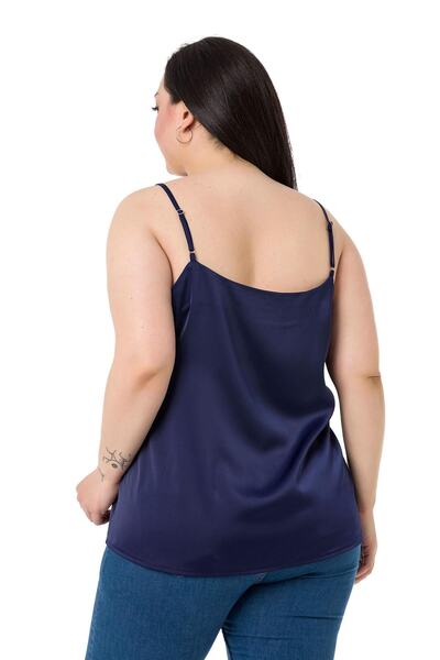 DISENTIS MODEST Plus Size Adjustable Thin Strap Satin Navy Blue Blouse