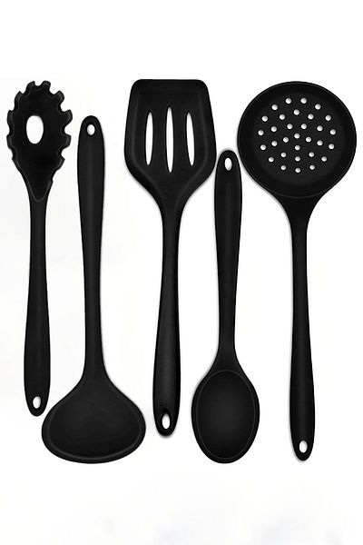 ÖzSa Home 5 Piece Heat Resistant Silicone Serving Set - Fireproof and Non-Stick Colander, Ladle, Spoon and Pasta Spatula