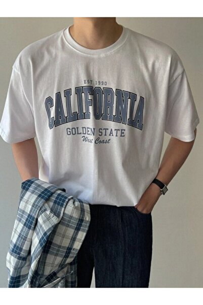 trendgar Tricou oversize alb cu imprimeu California albastru