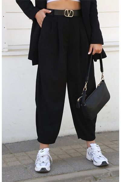 NFS BUTİK Crepe Fabric Baggy Cut Pleated Jogger Pants - Black