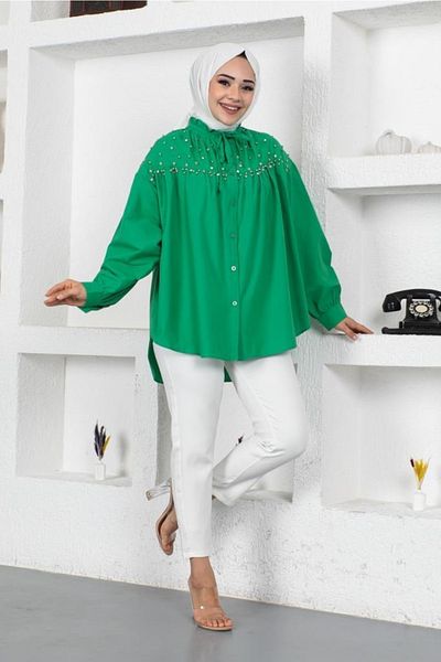 benguen 61546 Πράσινο πουκάμισο Hijab με χάντρες