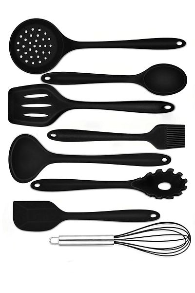 ÖzSa Home 8 Piece Heat Resistant Silicone Serving Set - Fireproof and Non-Stick Colander, Ladle, Spoon and Brush Spatula