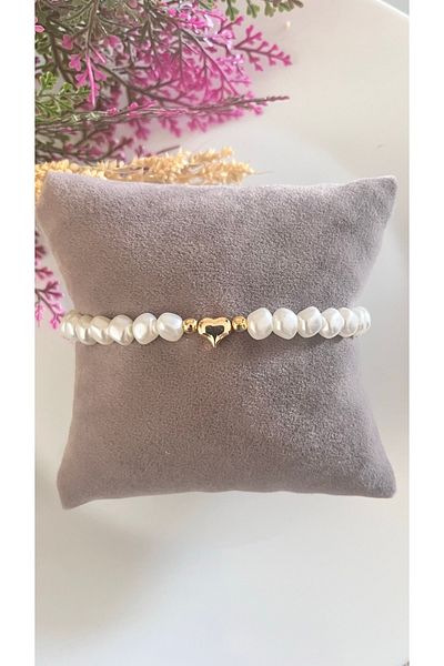 Farah Butik Glass Pearl and Non-tarnishing Quality Cast Gold Gold Yellow Beaded Heart-Gift Bracelet