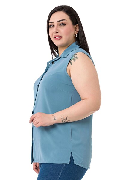 DISENTIS MODEST Cămașă albastră, fără mâneci, cu guler, cu nasturi