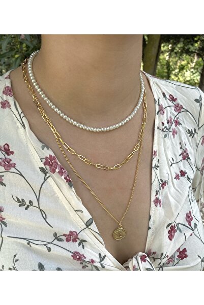 takıtarzım قلادة من ميدالية اللؤلؤ مكونة من 3 قطع