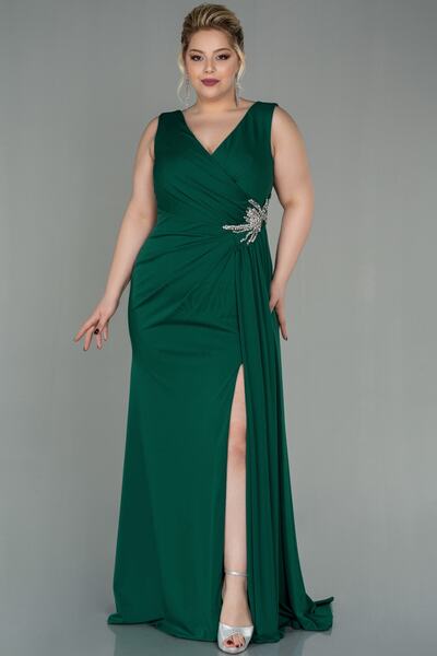 Abiyefon Zümrüt Yeşili Kolsuz Kruvaze Yaka Uzun Büyük Beden Abiye Abu2934