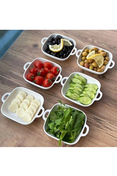 DİLAHOME Tekbir Porcelain 6-Piece Square Handle Porcelain Breakfast Small Bowl (Suitable for Oven Use)