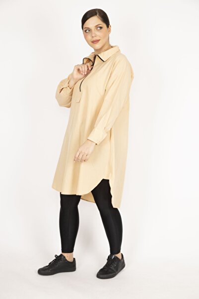 Şans Жіноча бежева сорочка великого розміру з застібкою спереду та манжетами 65n36182