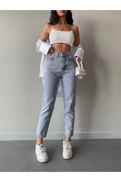 ByCukurovaFrango Maria de damă albastru deschis Acid Snow Wash talie super înaltă confort Lycra Mom Denim Pantalon Jeansfrango