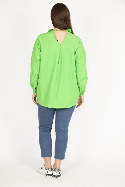 Şans Γυναικείο Πράσινο Πουκάμισο Μεγάλου Μεγάλου Μπροστινού Κουμπιού Πίσω Λεπτομέρεια 65n36142