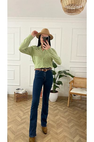 ByCukurovaFrango Pantaloni de damă, albastru bleumarin închis, cu talie super înaltă, evazați în lycra, din denim spaniol Jeansfrango