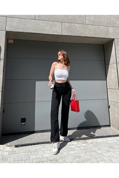 ByCukurovaFrango Jean Solmaz Black Lycra Wide Leg Jean - Casual Wide Leg Deni...