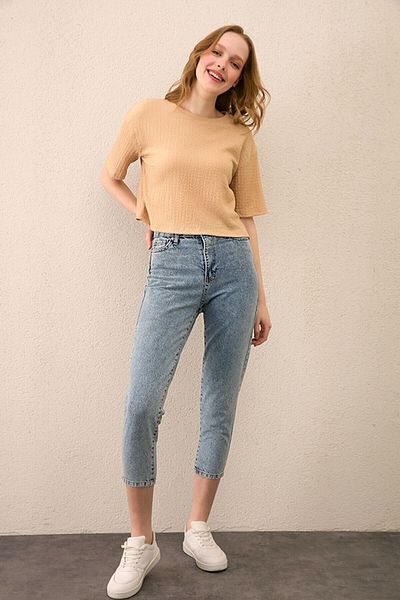 ByCukurovaFrango Jeansfrango Mom cu talie înaltă - Femei, Albastru deschis, Snow Wash