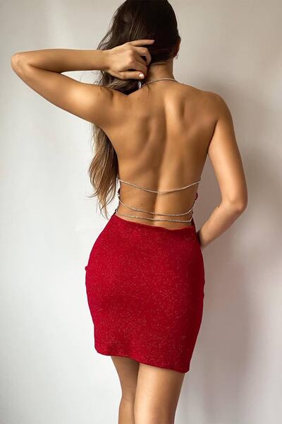 ALFUDO Moda Collection Yılbaşı Özel Sırt Dekolte Ve Taş Zincir Detaylı Elbise
