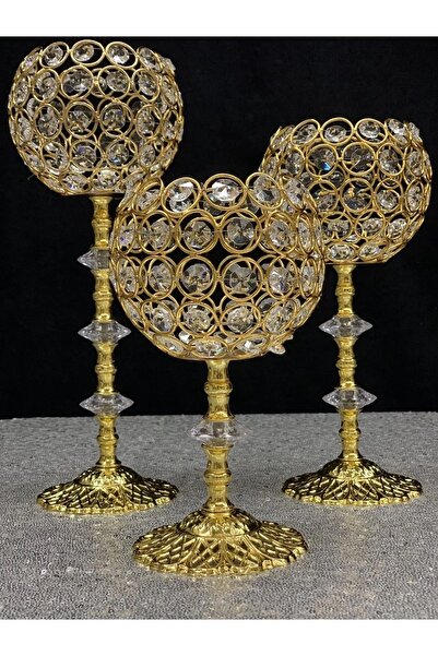 Besthırdavat Kristal Taşlı Ayaklı Gold Şamdan 3'lü Set