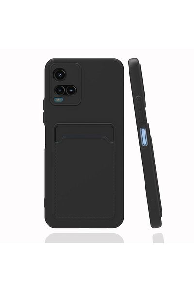 Fibaks جراب Vivo Y21s مزود بحماية للكاميرا ومحفظة للبطاقات وغطاء سيليكون أسود مع مفتاح أحمر