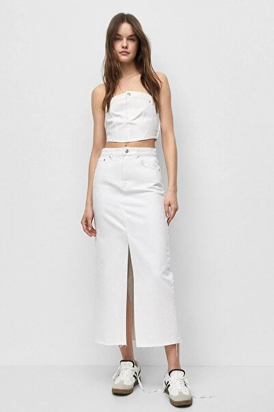 fehika Γυναικεία λευκή πλυμένη τζιν φούστα με σκίσιμο τζιν μακριά φούστα