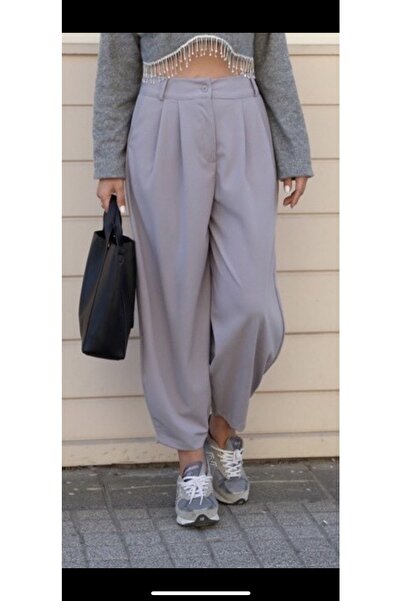 NFS BUTİK Krep Kumaş Şalvar Kesim Pileli Jogger Pantolon - Gri