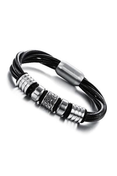 Tesbihane Multi-Layered Leather & Steel Combination Retro Design Magnetic Buckle Avant-Garde Men's Bracelet
