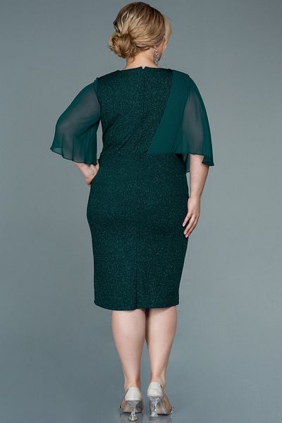 Abiyefon Emerald Green Chiffon Short Sleeve Glitter Midi Plus Size Evening Dress Abk1567