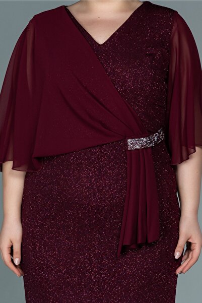 Abiyefon Burgundy Chiffon Short Sleeve Glitter Midi Plus Size Evening Dress Abk1567