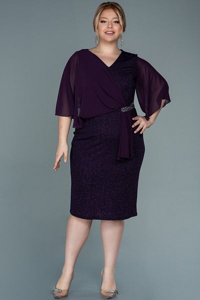 Abiyefon Purple Chiffon Short Sleeve Glitter Midi Plus Size Evening Dress Abk1567