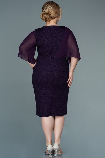 Abiyefon Purple Chiffon Short Sleeve Glitter Midi Plus Size Evening Dress Abk1567