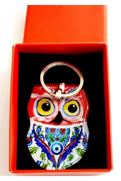 Mixperi Red Colored Fusion Glass Owl Keychain in Gift Box