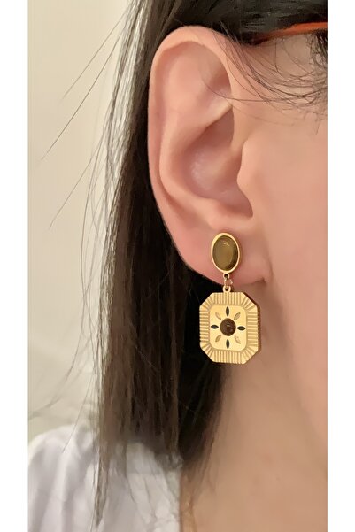 Opia JEWELRY - Kahverengi Doğal Taş Detaylı Gold Renk Sallantılı Çelik Küpe (...