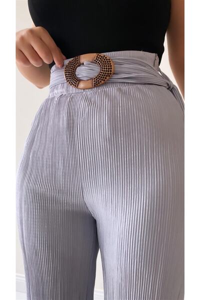 SEDA FİDAN Stylish Pleated Belted Draped Trousers Gray
