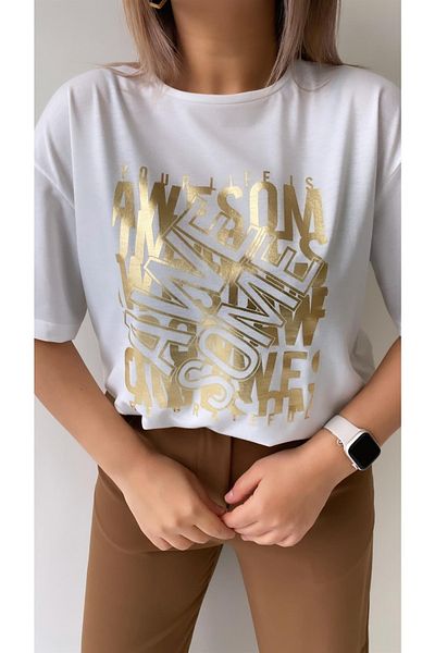 SEDA FİDAN Awe Some Τυπωμένο T-Shirt Εκρου