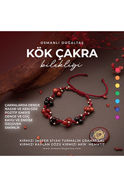 OSMANLI DOĞAL TAŞ Sertifikalı Kök Çakra Bölgesi Kırmızı Akik, Siyah Turmalin, Granat Lal Doğal Taşlı Makrome Bileklik
