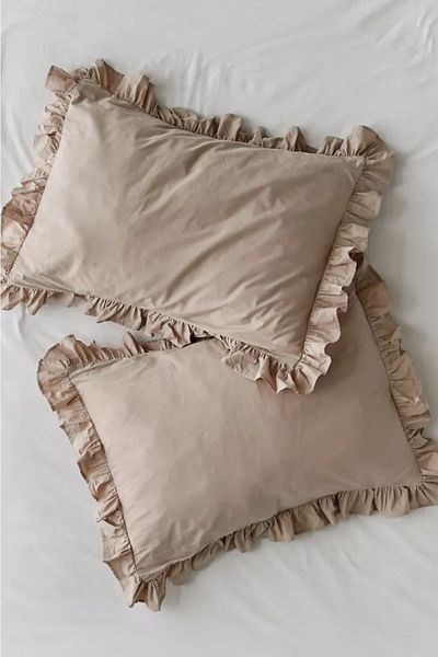 METİNEV Frilly Beige Color Double Pillow Case Cotton Organic