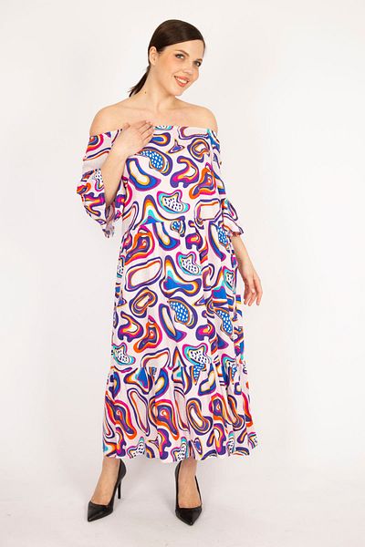 Şans Women's Saks Plus Size Woven Viscose Fabric Collar Elastic Sleeve And Hem Pleated Dress 65n36170