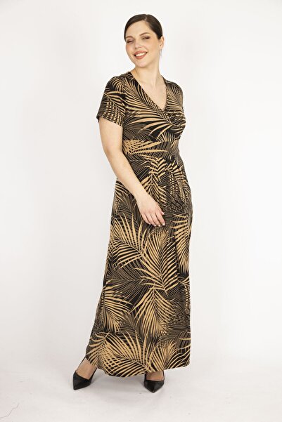 Şans Women's Mink Large Size Wraped Collar Colorful Long Dress 65n36193