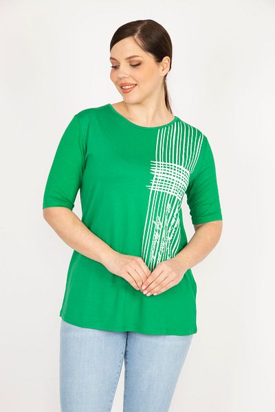 Şans Women's Green Large Size Front Printed Viscose Blouse 65n36167