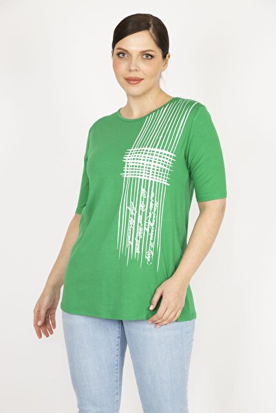 Şans Women's Green Large Size Front Printed Viscose Blouse 65n36167