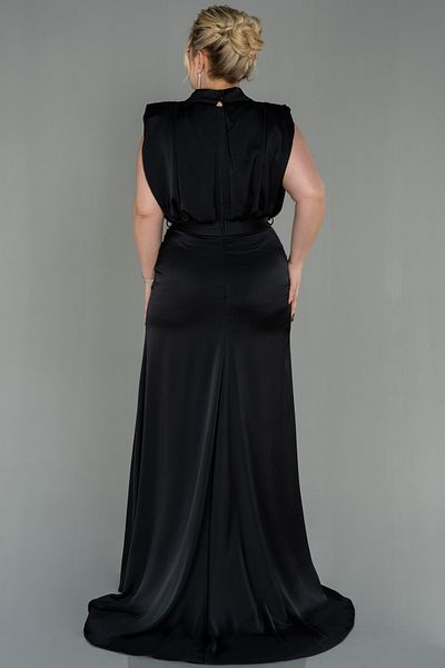 Abiyefon Black Stand Collar Sleeveless Long Satin Plus Size Evening Dress Abu2969