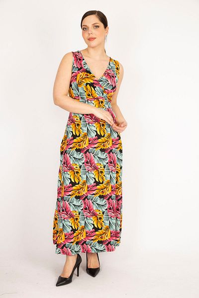 Şans Women's Colorful Large Size Wraped Collar Colorful Long Dress 65n36192