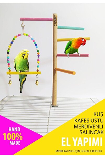 SAKAPET Kafes Üstü Kuş Eğlence Parkuru Doğal Masif Ahşap