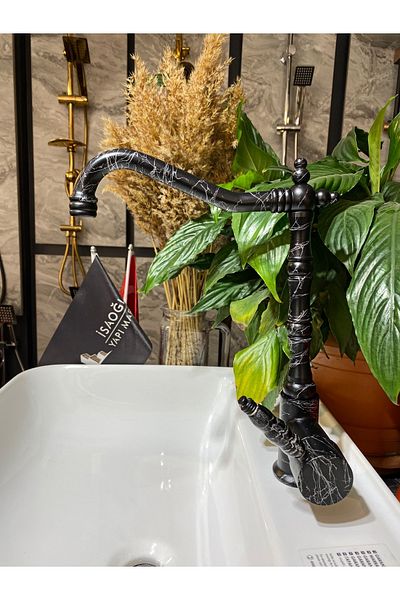 İSAOĞLU YAPI Black Marble Pattern Kitchen Faucet Marble Sink Tap Rustic Faucet