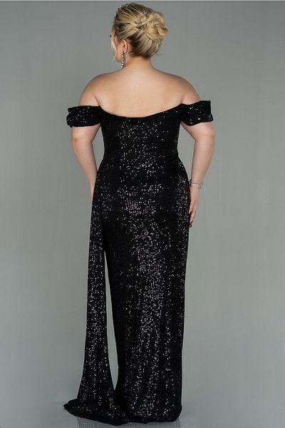 Abiyefon Black Boat Neck Long Sequin Plus Size Evening Dress Abu2973