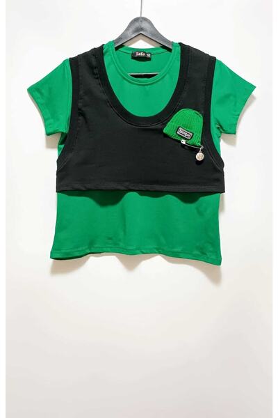 Elvinsa Green Knitted Beret Detailed Black Crop Green T-shirt and Black Shorts Girl's 3-Piece Set