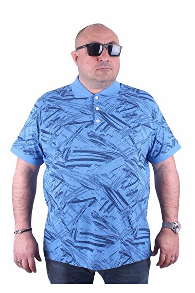 Starbattal Large Size Polo Neck T-Shirt Geometry Pattern 23411 Blue