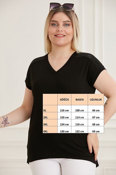 For Big Trend Women's Plus Size V-Neck Shoulder Stone Detailed Flexible Short Sleeve Side Slit Blouse