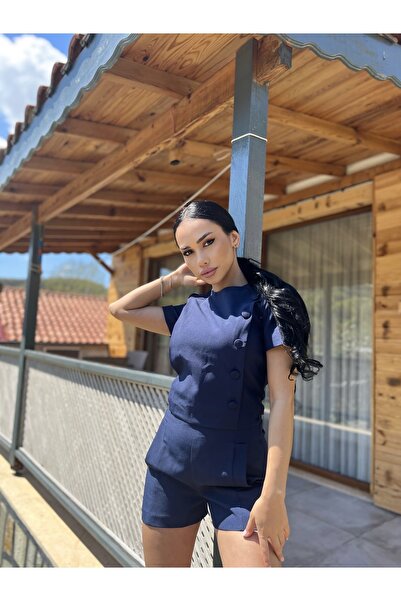 OKSO Lacivert Düğmeli Kısa Tulum