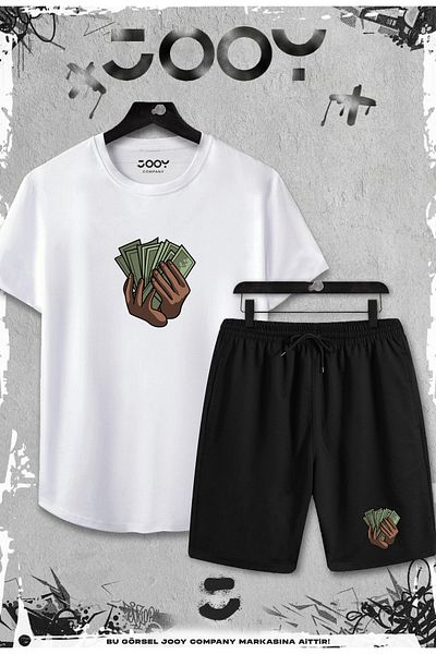 Jooy Company Λευκό μπλουζάκι 2 τεμαχίων Money Design Slim Fit - Σετ μαύρο σορτς