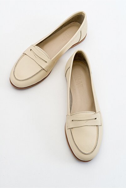 LuviShoes F02 Ekru Bej Cilt Hakiki Deri Kadın Loafer Ayakkabı