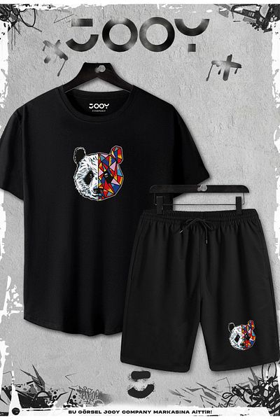 Jooy Company 2 Πακέτο Panda Printed Slim Fit Μαύρο Tshirt - Σετ μαύρο σορτς