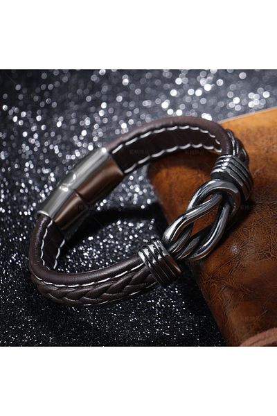 Tesbihane Premium Brown Leather & Steel Combination Sailor Knot Design Avant-Garde Men's Bracelet